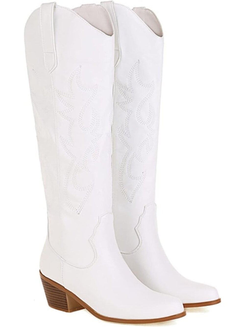 Women’s White Wide Calf Cowgirl Boots Knee High Embroidered Mid Heel Western
